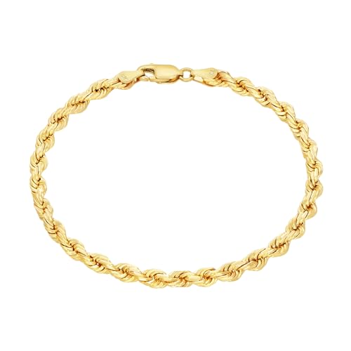 Nuragold 10k Real Yellow Gold Rope Chain Diamond Cut Italian Bracelet - 4mm - 7″
