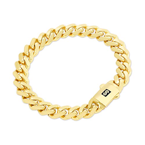 Nuragold 14k Real Yellow Gold Royal Monaco 9mm Miami Cuban Chain Bracelet - 7.5″