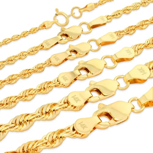 Nuragold 14K Real Yellow Gold Rope Diamond Cut Chain Lightweight Necklace - 22″,3mm